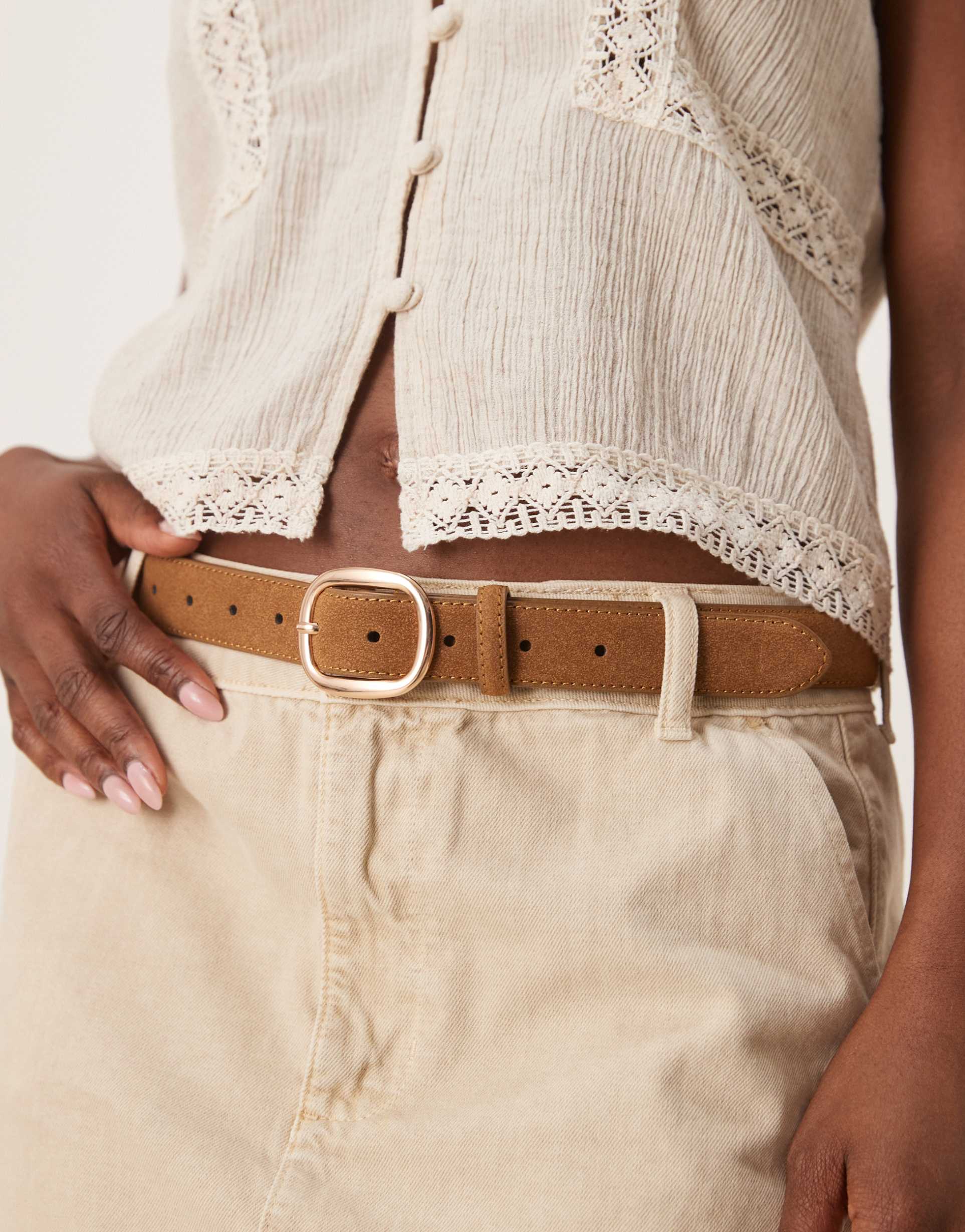 asos design faux suede square buckle waist and hip jeans belt in tan