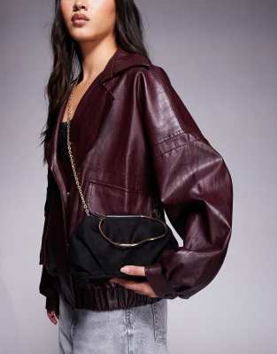 Asos Design Faux Suede Squiggle Metal Handle Purse With Detachable Chain Crossbody Bag In Black