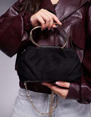 Asos Design Faux Suede Squiggle Metal Handle Purse With Detachable Chain Crossbody Bag In Black