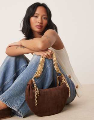Asos Design Faux Suede Statement Chain Scoop Shoulder Bag In Brown