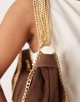Asos Design Faux Suede Statement Chain Scoop Shoulder Bag In Brown
