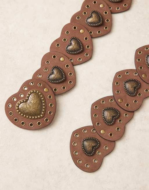 ASOS DESIGN faux suede studded heart disc detail waist and hip belt in brown