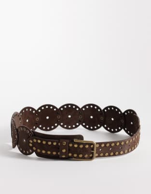Asos Design Faux Suede Studded Round Disc Belt In Green