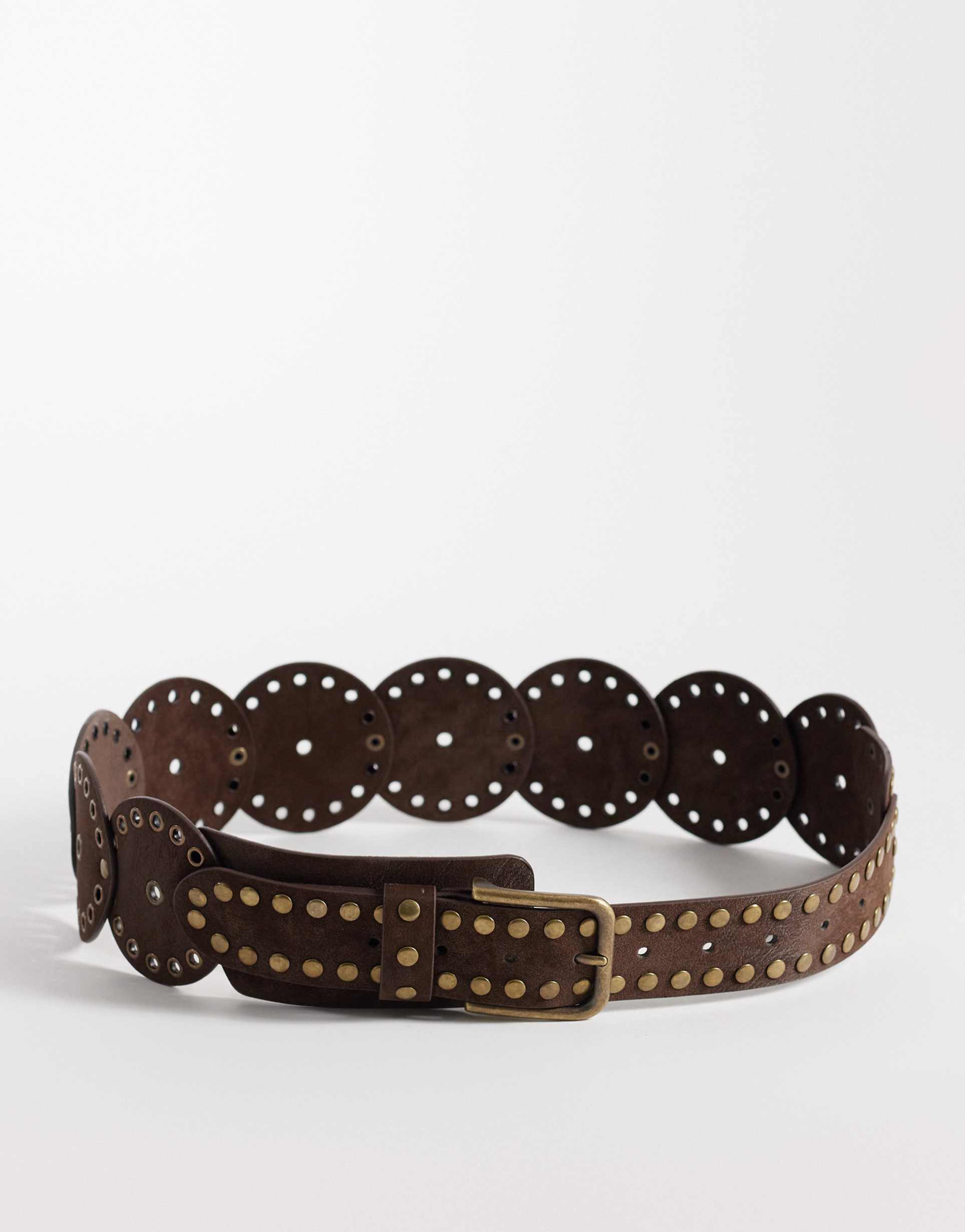 asos design faux suede studded round disc belt in brown