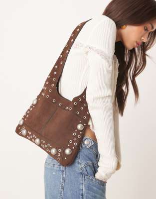 Asos Design Faux Suede Studded Tote Bag In Brown