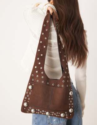 Asos Design Faux Suede Studded Tote Bag In Brown