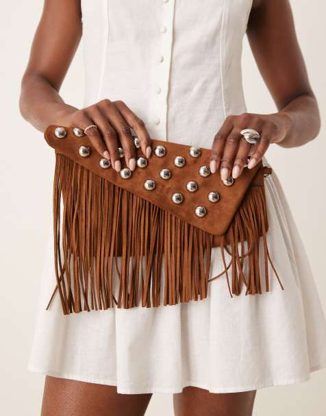ASOS DESIGN faux suede tassel studded clutch in dark tan - view 1