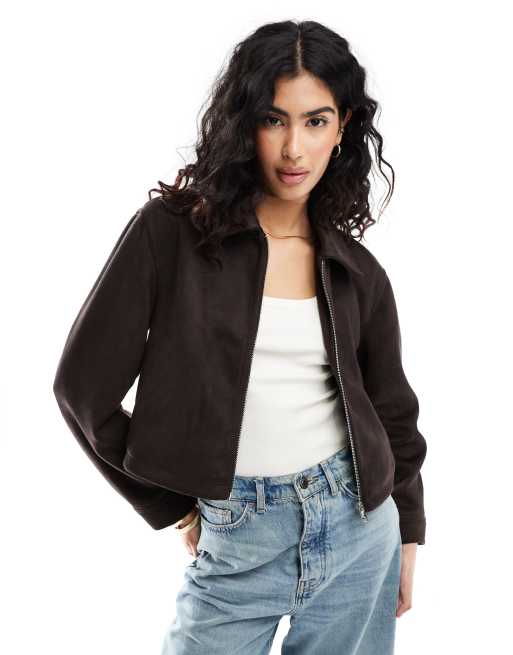 ASOS DESIGN faux suede top collar jacket in chocolate