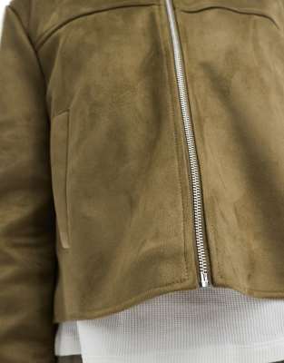 Asos Design Faux Suede Top Collar Jacket In Green