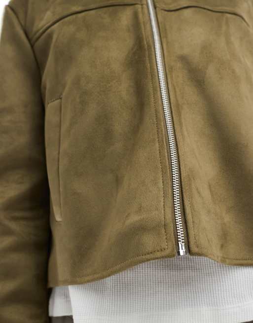 ASOS DESIGN faux suede top collar jacket in olive