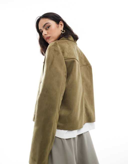 ASOS DESIGN faux suede top collar jacket in olive