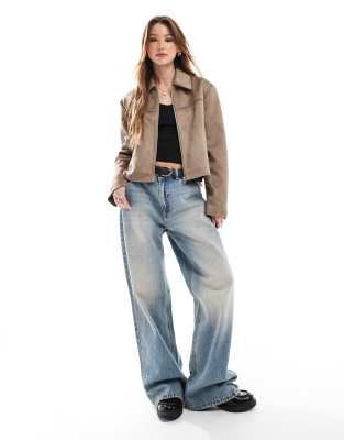 Asos Design Faux Suede Top Collar Jacket In Neutral