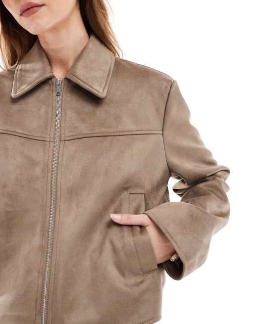 ASOS DESIGN faux suede top collar jacket in stone