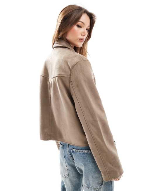 ASOS DESIGN faux suede top collar jacket in stone