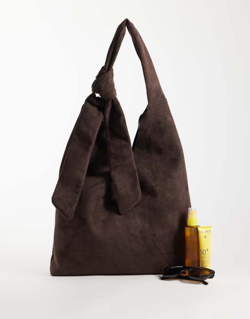 ASOS DESIGN faux suede tote bag with knot detail handle in chocolate, 2 of 4