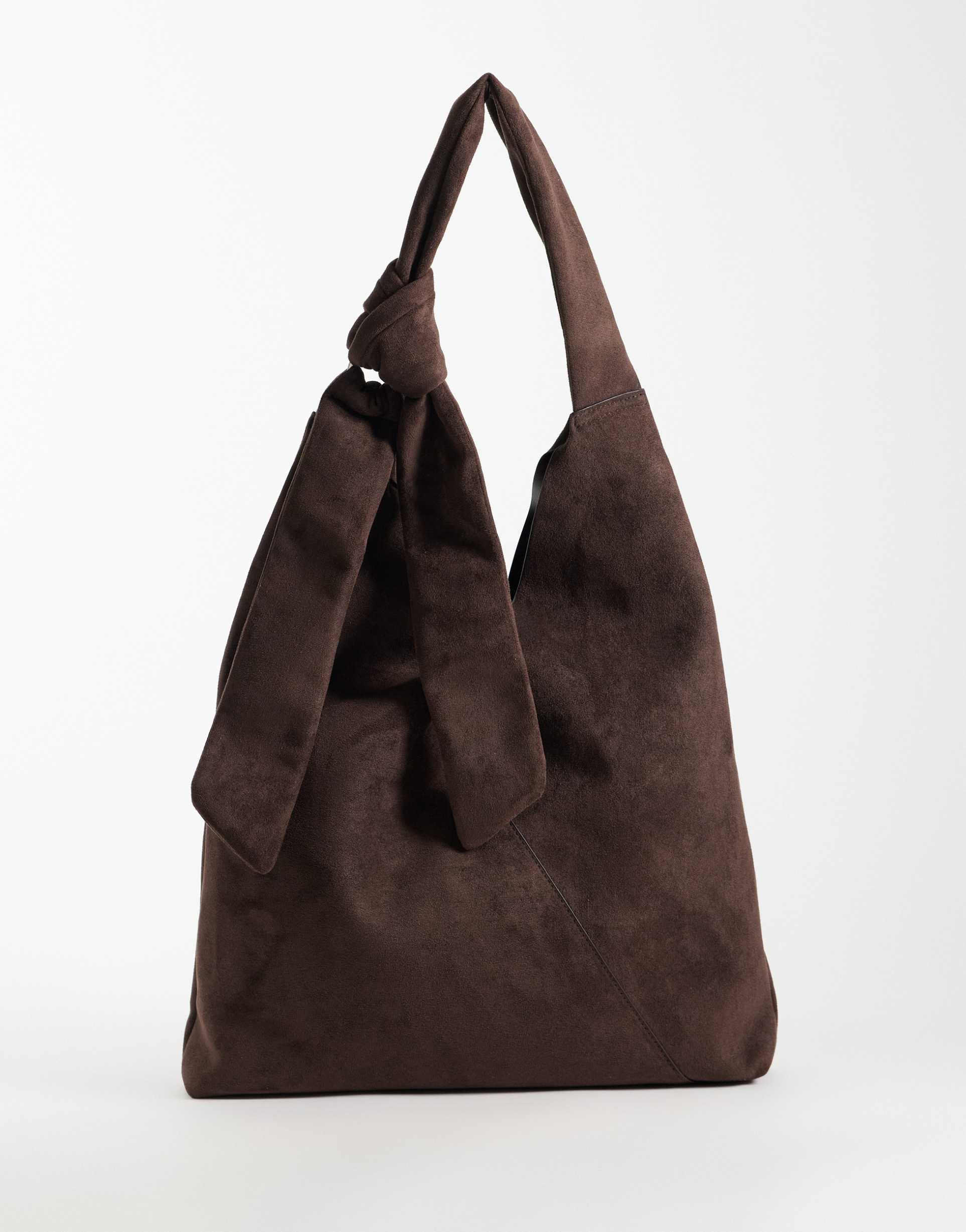 asos design faux suede tote with knot detail handle in chocolate