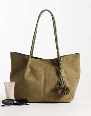 Asos Design Faux Suede Tubular Pinched Handle Tote Bag With Internal Pouch In Green