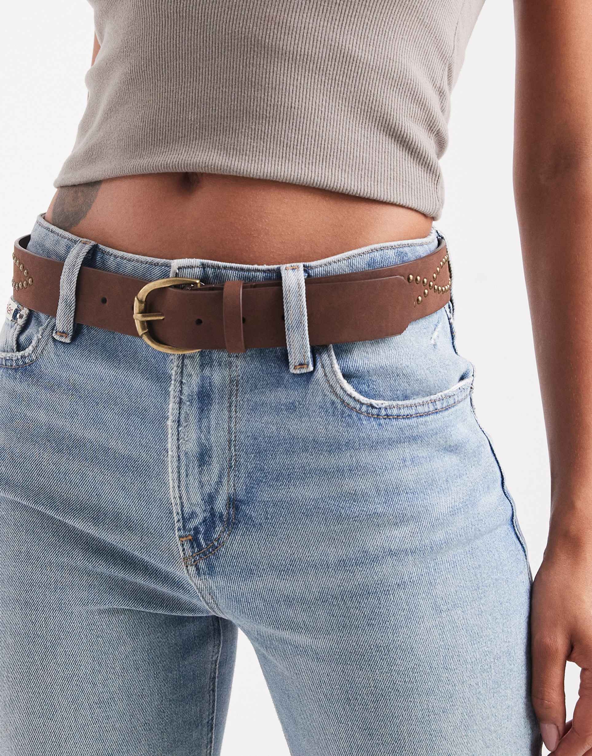 asos design faux suede waist and hip studded belt in tan