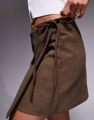 Asos Design Faux Suede Wrap Mini Skirt In Brown