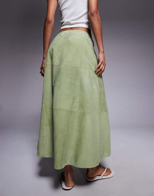 ASOS DESIGN faux suede zip front midi skirt in green, 3 of 5