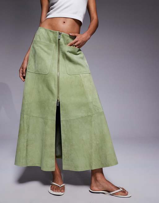 ASOS DESIGN faux suede zip front midi skirt in green, 5 of 5