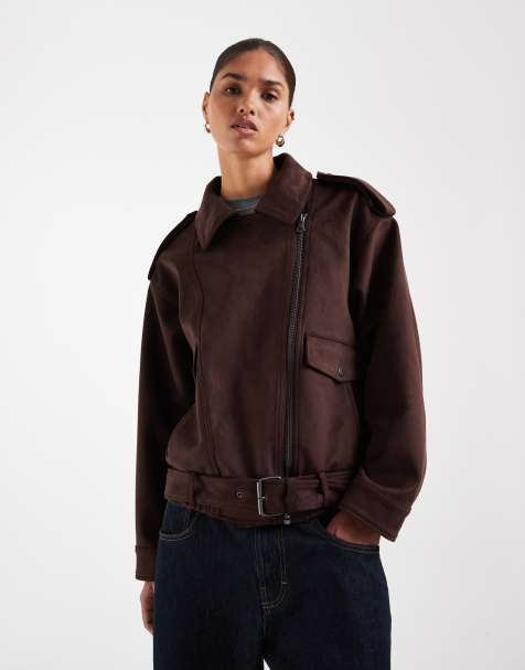 ASOS DESIGN faux suedette moto jacket in chocolate - view 1