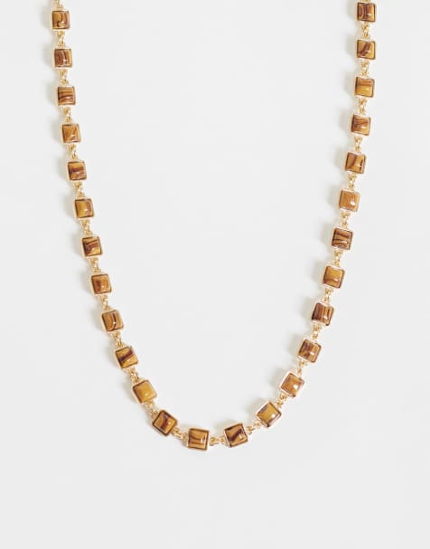 ASOS DESIGN faux tigers eye stone set necklace in gold - view 1