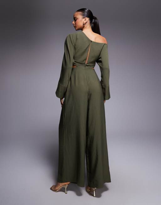 ASOS DESIGN – Fauxord-Jumpsuit in Khaki mit überschnittenen Schultern, 3 von 4