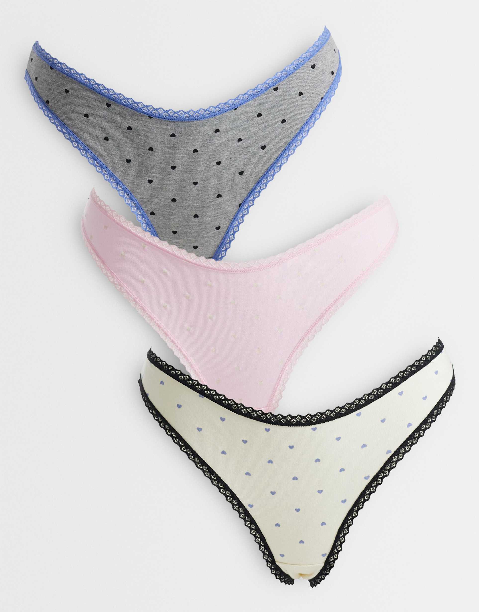 asos design faye 3 pack heart print thong with lace trim in gray, blue & pink