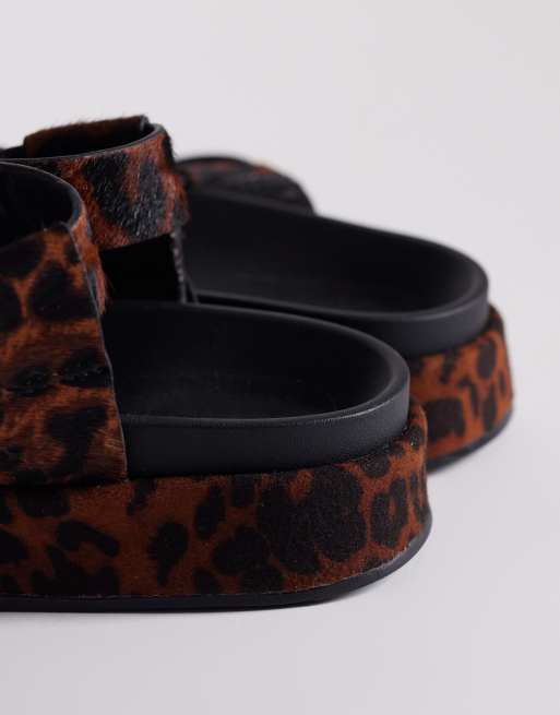 ASOS DESIGN Faye cross strap footbed sandal in hair on real leather with leopard print, 3 of 4