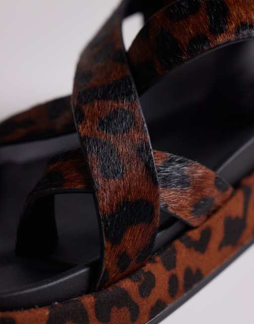 ASOS DESIGN Faye cross strap footbed sandal in hair on real leather with leopard print, 4 of 4
