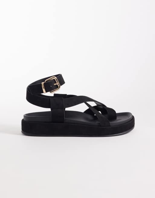 ASOS DESIGN Faye cross-strap footbed sandals in black suedette, 2 of 4