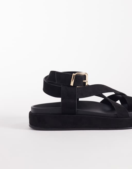 ASOS DESIGN Faye cross-strap footbed sandals in black suedette, 4 of 4