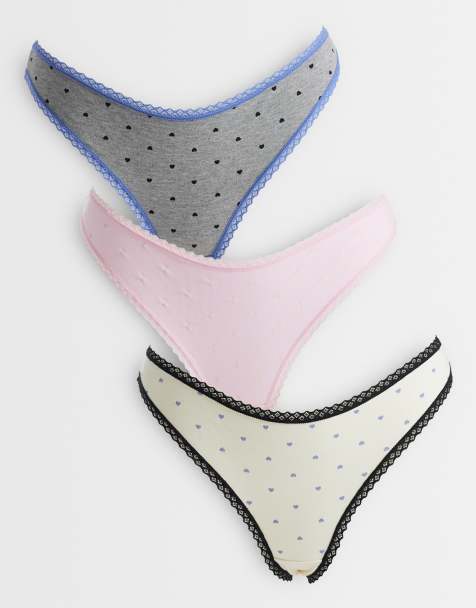 ASOS DESIGN – Faye – Grå, blå och rosa stringtrosor med hjärtmönster och spetskant, 3-pack - view 1