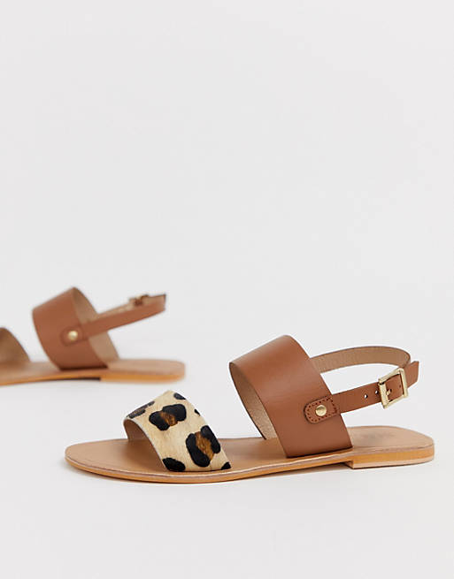 ASOS DESIGN Faye leather flat sandals in leopard | ASOS