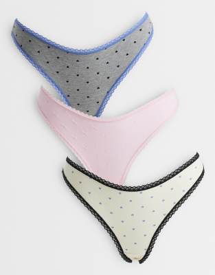 Faye - Lot de 3 strings à imprimé caurs avec bordure en dentelle - Gris, bleu et rose-Pas de couleur XS