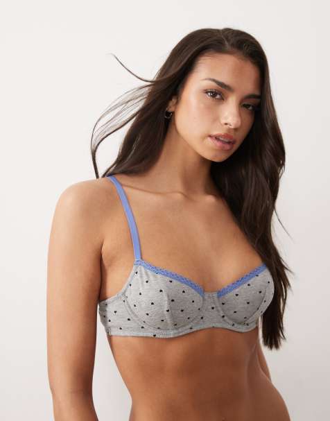 ASOS DESIGN – Faye – Szary melanżowy biustonosz z fiszbinami ze worem w serca i niebieskim koronkowym wykończeniem - view 1