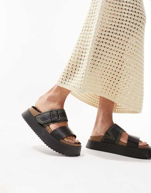 ASOS DESIGN Fearless double strap footbed flat sandals in black