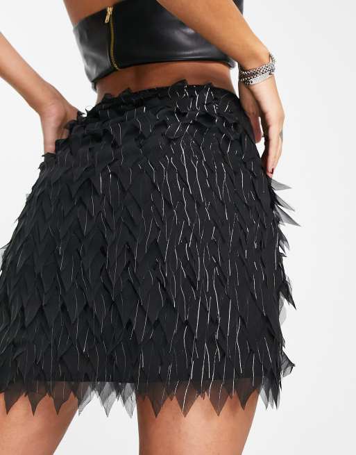 ASOS DESIGN feather detail mini skirt with silver stripe in black