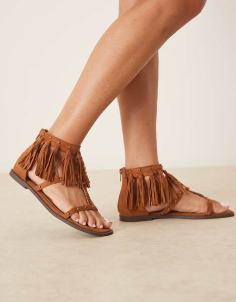 ASOS DESIGN Feather studded fringe flat sandals in tan - view 1