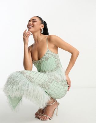 ASOS DESIGN faux feather waist embellished sequin midi dress in mint