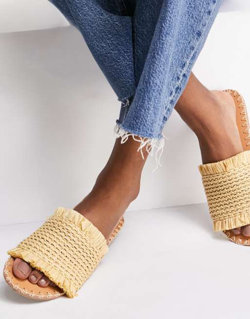 ASOS DESIGN Wide Fit Motto chain flat raffia mules in beige