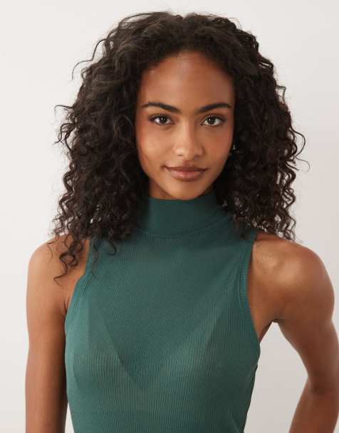 ASOS DESIGN feines Ripp-Top mit hohem Kragen und ohne Ärmel in Grün - view 1