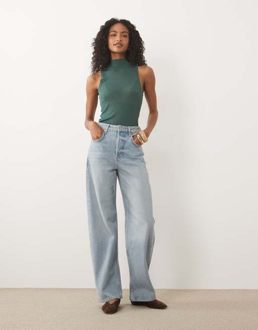 ASOS DESIGN feines Ripp-Top mit hohem Kragen und ohne Ärmel in Grün, 2 von 4