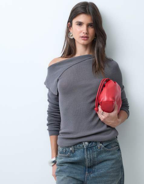 ASOS DESIGN Feinstrick-Top mit Carmen-Ausschnitt und Raffungen in Grau - view 1