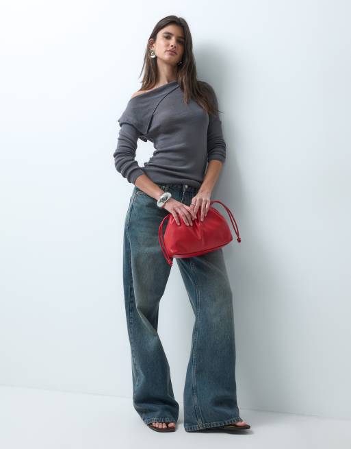 ASOS DESIGN Feinstrick-Top mit Carmen-Ausschnitt und Raffungen in Grau, 2 von 4