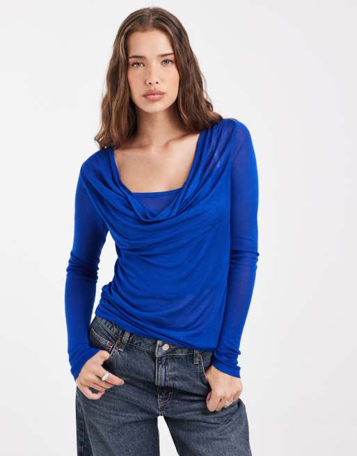 ASOS DESIGN Feinstrick-Top mit Wasserfallausschnitt in Blau, 3 von 4