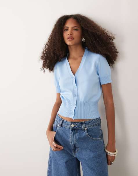 ASOS DESIGN – Feinstrickjacke in Blau mit V-Ausschnitt - view 1