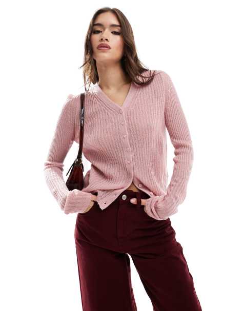 ASOS DESIGN – Feinstrickjacke in Rosa mit hochgeschlossenem V-Ausschnitt - view 1