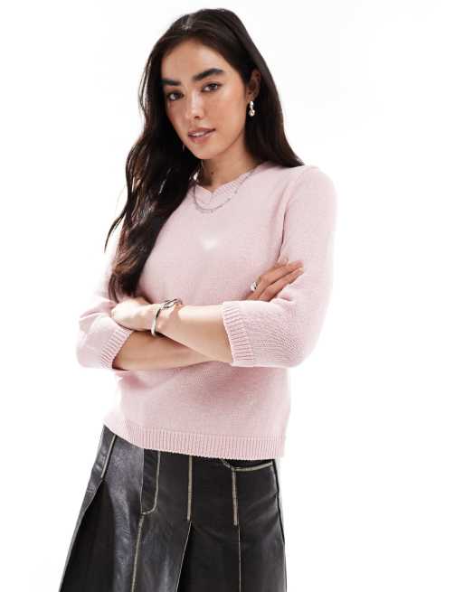 ASOS DESIGN – Feinstrickpullover in Blassrosa mit V-Ausschnitt